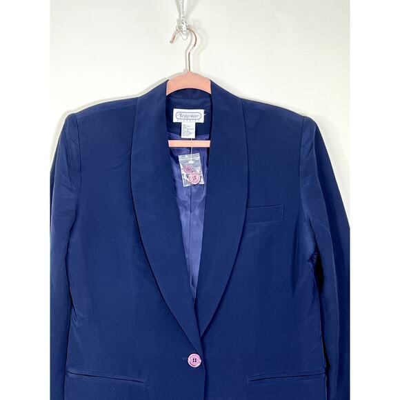 Bridgewater Navy Blue 100% Silk One Button Sewn In Shoulder Pads Blazer Size 8 - Picture 2 of 8